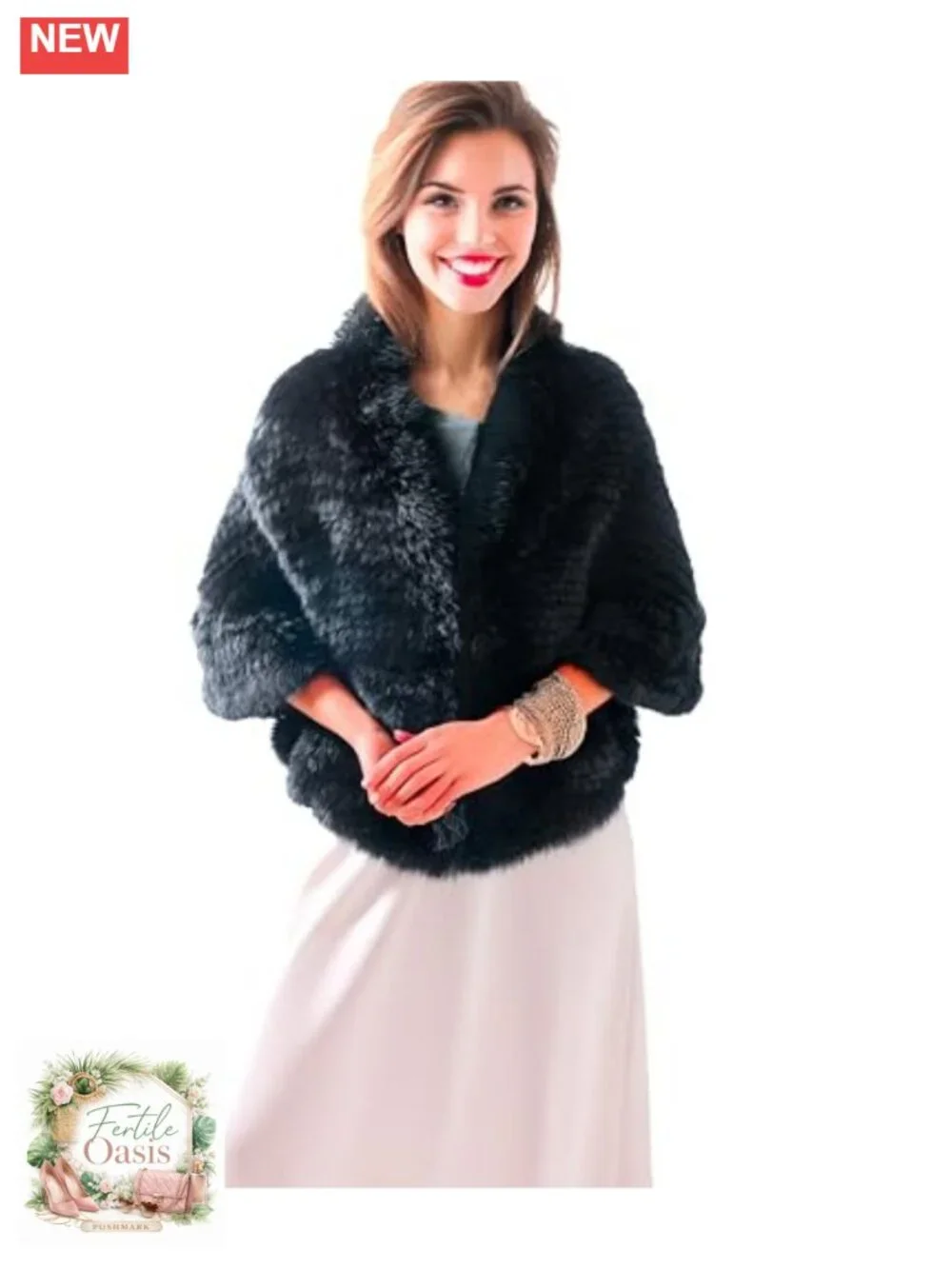 Genuine Rabbit Fur Shawl Poncho Wrap with Pockets for Wedding Party Evening Wear